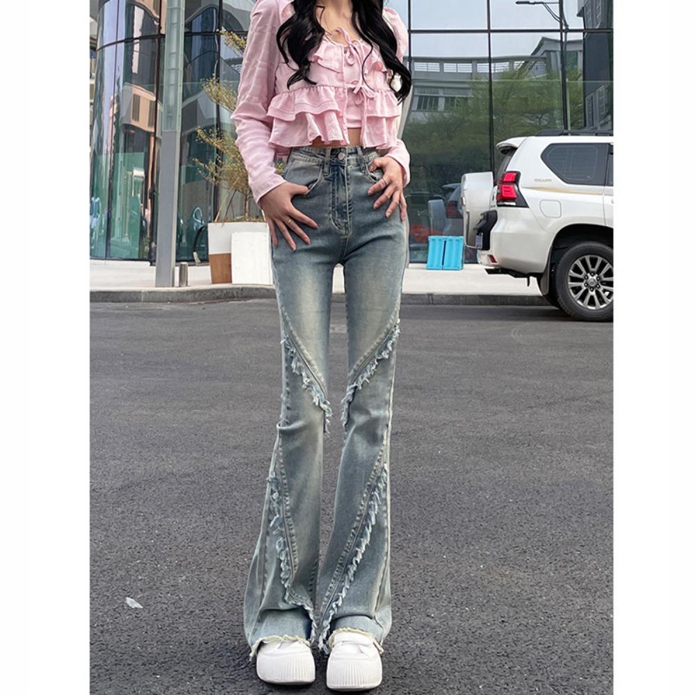 Micro-flared jeans women's spring and autumn new American retro high-waisted rough edge slim and thin horseshoe denim