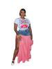 European & American Women's Sexy Fashion T-shirt and Denim Patchwork High-Waist Split Plaid Skirt Set