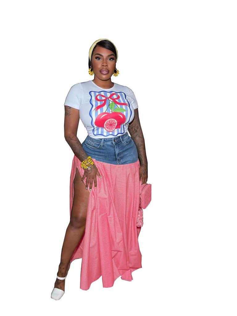 European & American Women's Sexy Fashion T-shirt and Denim Patchwork High-Waist Split Plaid Skirt Set