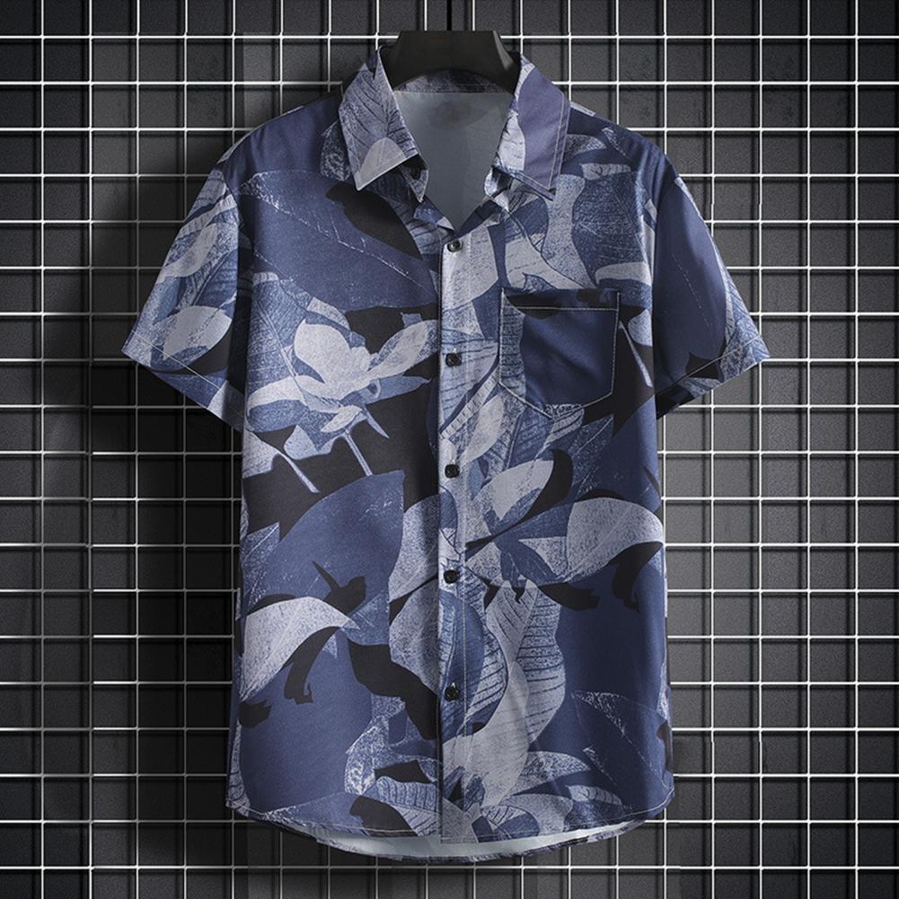 Summer Men Blouse Floral Print Short Sleeves Tropical Style Hawaii Comfortable Fit Plus Size Single-breasted Turn-down Collar Quick Dry Mid