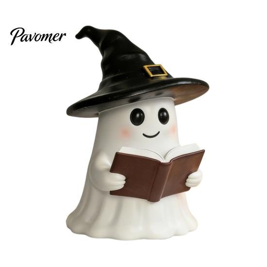 Literary Reading Ghost Decor Halloween Figurine with LED Light, Resin Witch Hat Statue Decorative Guitar/Book, Cute Luminous Sculpture for Home