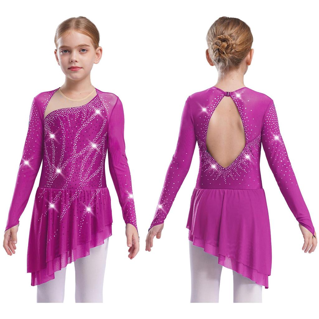 Sparkly Girls Lyrical Dance Dress with Sheer Sleeves Asymmetric Hem Cutout Back for Performance