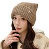Cute cat ears thick wool hat women's bow diamond label knitted hat thickened warm loose pullover hat
