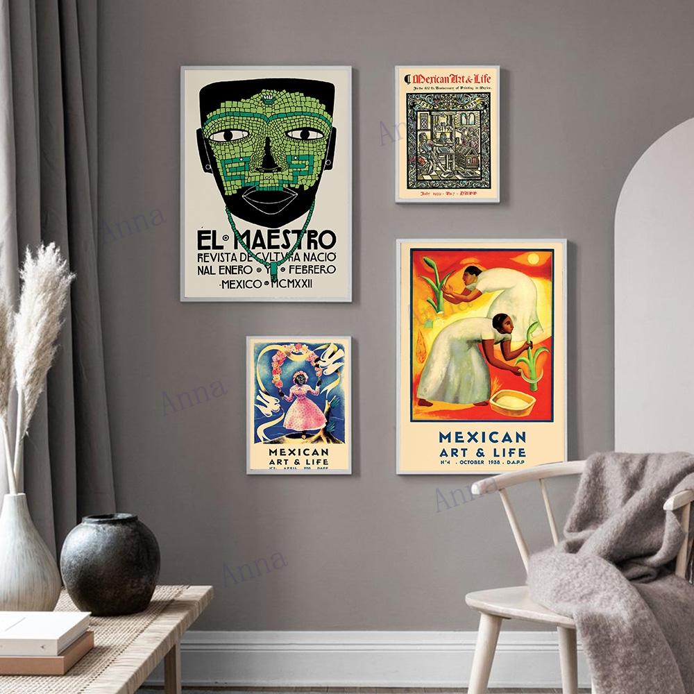 Mexická výstava Umělecké plakáty a tisky Květinové Vintage nástěnné umělecké dekorace Latinskoamerická Artesanía Obraz na plátno do obývacího pokoje