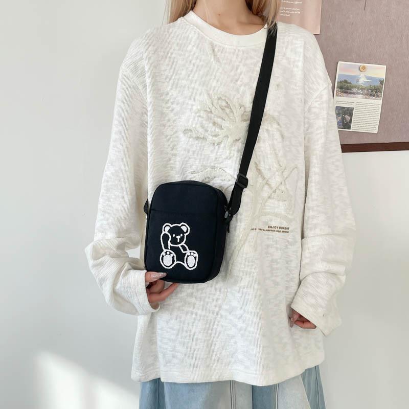 Cute Bear Embroidery Shoulder Bag for Women, Versatile Single Strap Crossbody Phone Pouch, Casual Student Canvas Handbag