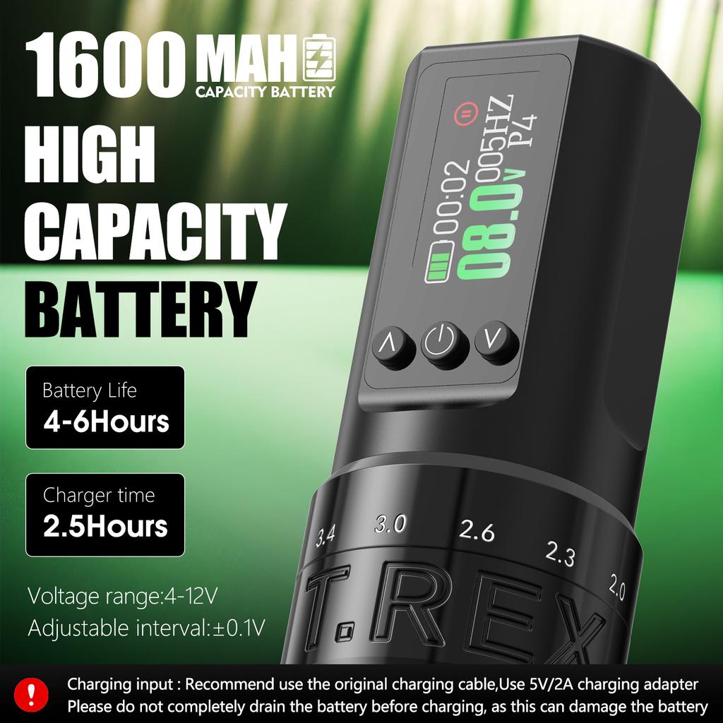Bezdrátová rotační tetovací pistole Tattoo Pen Machine s 1600mAh baterií Smart Display, nastavitelná na 7 délek, různá tetování