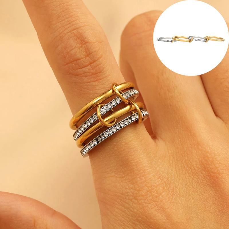 Stainless Steel Waterproof Zircon Three-Layer Stacked Round Ring for Women Non Tarnish Interlocked Rings Set Trend Jewelry Gift