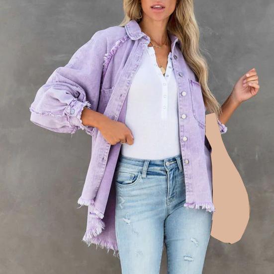 Giacca da donna in denim Colletto rovesciato Distress Orlo con frange Bottone Tasca grande Lavato Tinta unita Cappotto oversize da donna di media lunghezza oversize Lavato