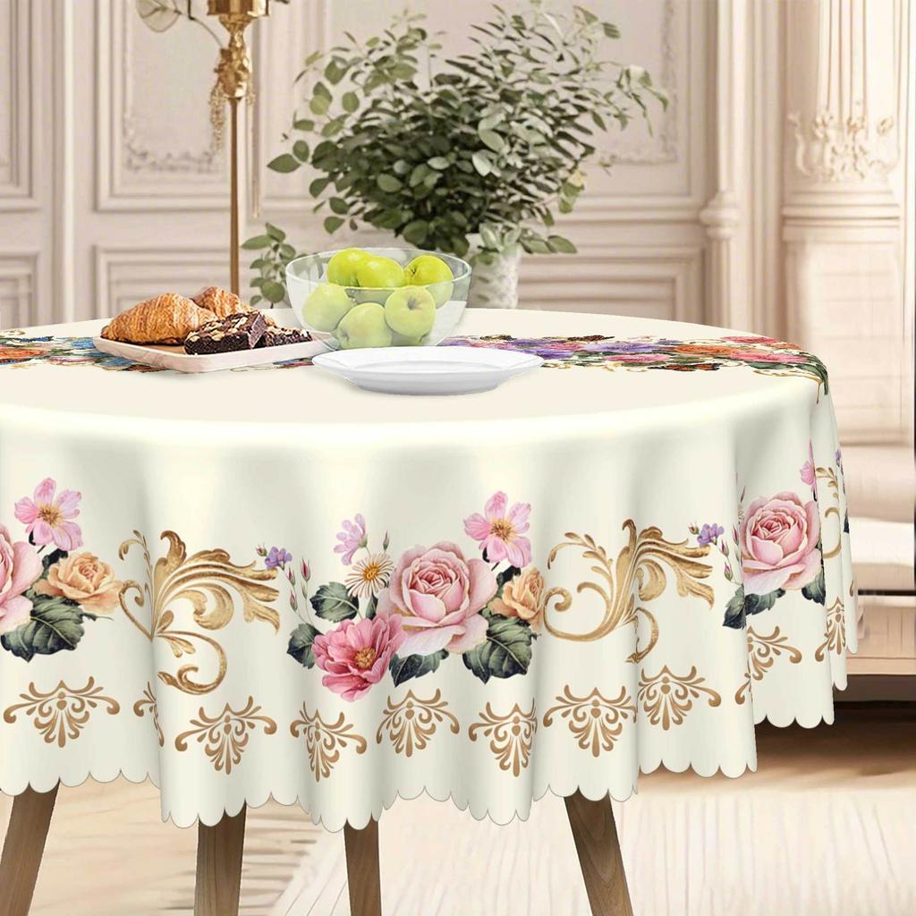 Polyester Waterproof Leave-In Rectangular Tablecloth, Flower Butterfly Printed European Table Cloth, Household Hotel Round Tablecloth