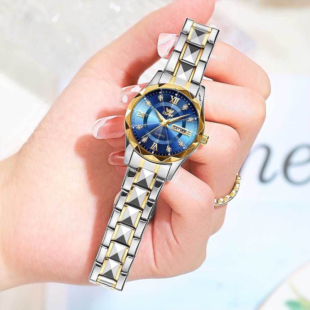 Stylish quartz watch for featuring a day and date round 30mm stainless diamond and water resistance women's commuting, calendar, display, face,