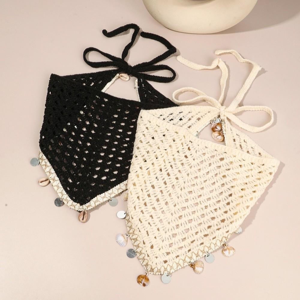 Forest Style Crochet Head Wrap Seashell Tassel Hollow Out Headscarf Vacation Wear