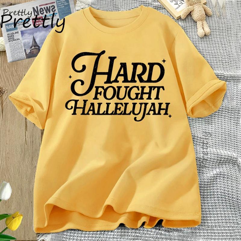 Hard Fought Hallelujah Tshirt Women Retro Christian Tshirt Casual Cotton Short Sleeve Bible Verse Religious Tees Clothing
