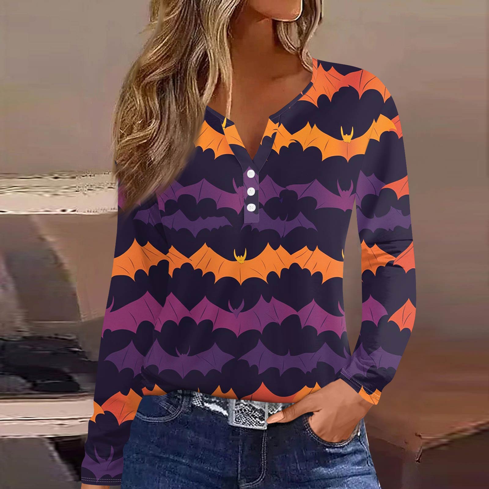 

Жен. Футболка Футболка на пуговицах с длинным рукавом Повседневные Выходные Мода Классический Топ с v-образным вырезом Обычный M фиолетовый