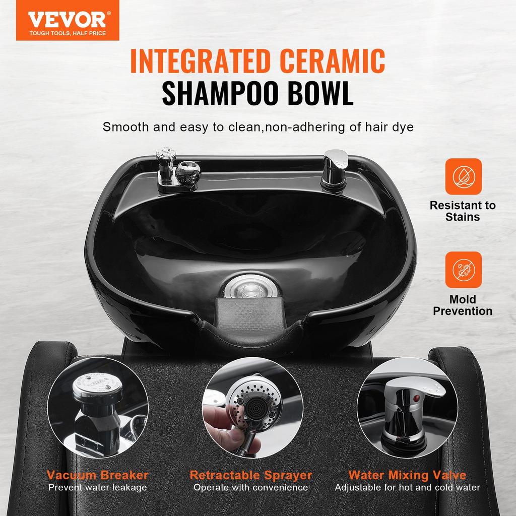 VEVOR Shampoo Backwash Chair, 661.4 LBS Loading Salon & Spa Hair Washing Station, Backwash Barber Shampoo Bowl and Chair