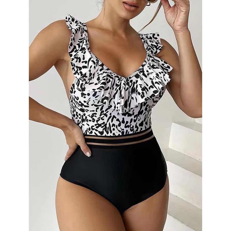 Leopard Ruffle  One Piece Swimsuit Women 2025 High Waist Mesh Tape Swimwear Female Beachwear V-neck Bathing Swimming Suit Summer