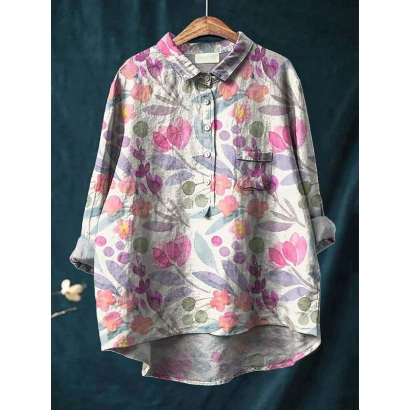Summer Women's Loose Printed Round Neck Casual Plus Size Women's Long Sleeve T-shirt