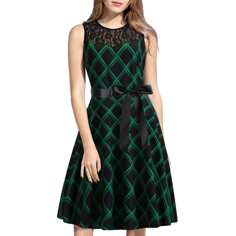 

Летнее винтажное кружевное платье с круглым вырезом, без рукавов, с клетчатым принтом, с юбкой-колоколом и черным поясом XXL