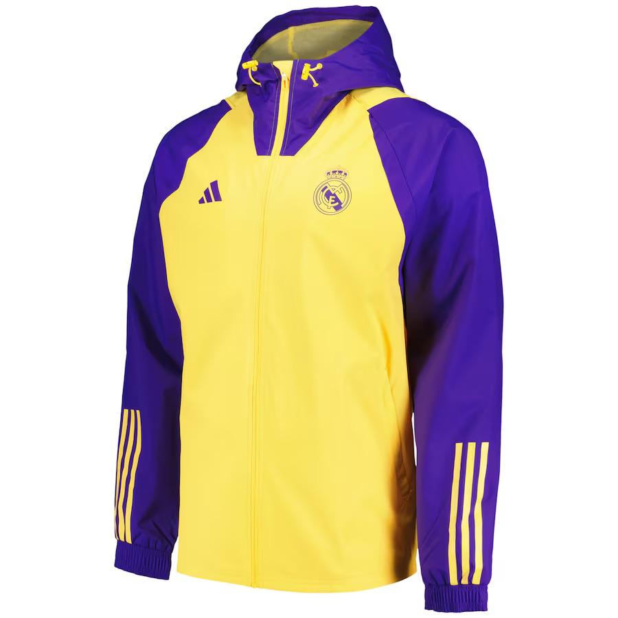Adidas Real Madrid 2023-24 Season Hooded Windbreaker Unisex Casual Sports Jacket Purple Yellow IQ0538 XL