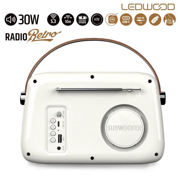 Radio Rétro portable Ledwood ALMA, FM, Bluetooth 5.3 Entrée USB, Puissance 30W - Batterie 3,7V-1500mAh - Retro Vintage - Blanc