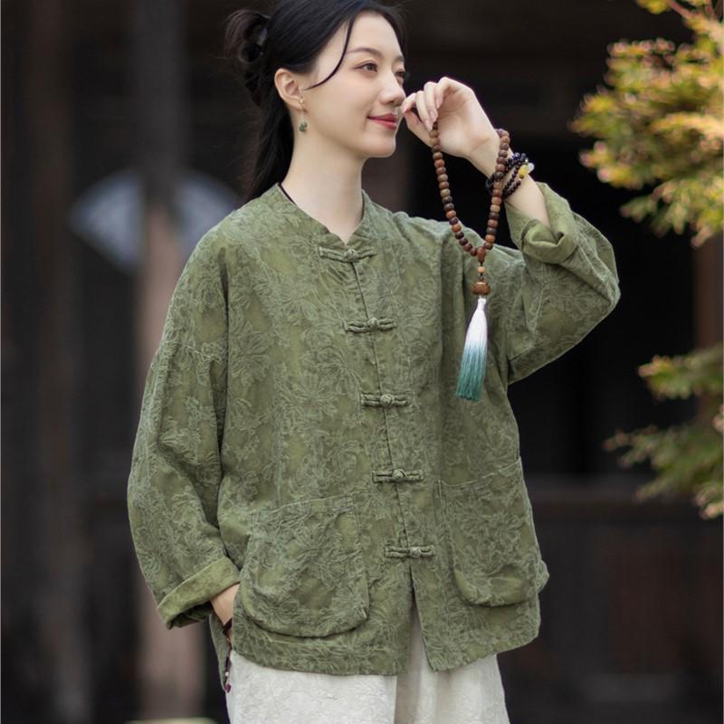 Johnature Women Vintage Jacquard Shirts Tops Stand Long Sleeve Pockets Blouse Autumn Chinese Style Shirts