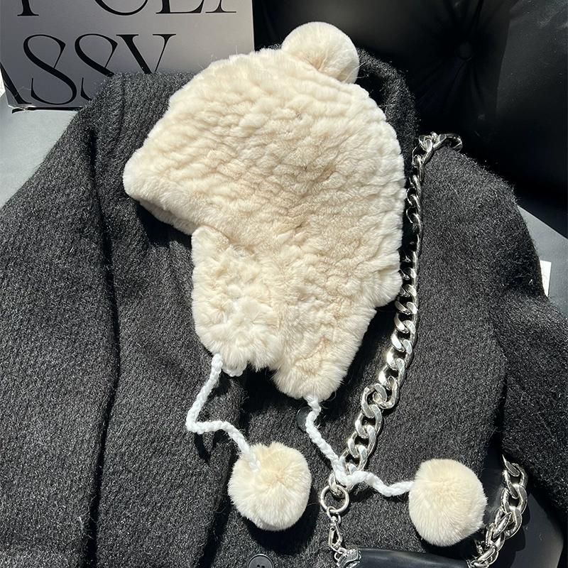 Rex Rabbit Hair Ear Protection Hat Female Cute Ball Winter Warm Encryption Woven Fur Hat Versatile Lei Feng Hat