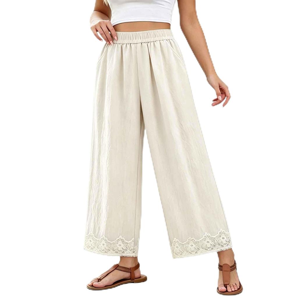 Women High Waist Loose Fit Cotton Linen Pants with Elastic Waistband and Pockets Casual Wide Leg Trousers Embroidered Hem