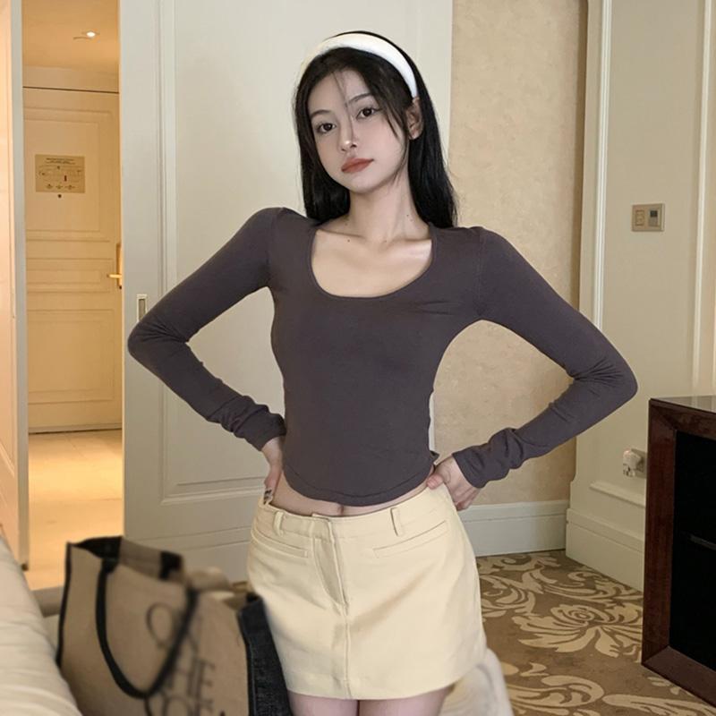 Casual All-Match Inside Wear Simple Solid Color Irregular Short Style Exposed Navel U-Neck Long-Sleeved Top