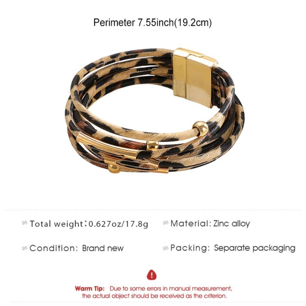 Bohemian Fashion Leopard Print Metal Tube Spliced Multi-layer Leather Rope Magnetic Clasp Bangles for Women Bracelet Jewelry