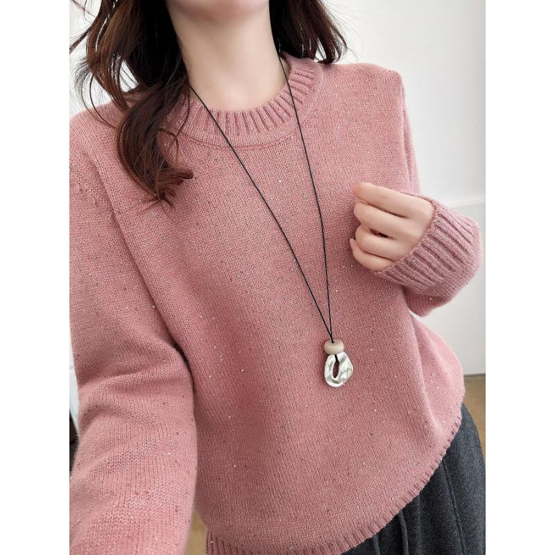 Plus Size Women Long Sleeve Sequin Crew Neck Pullover Winter Bottoming Sweater