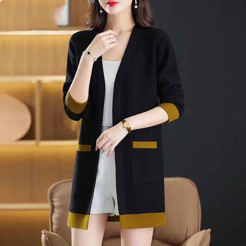 New women's medium and long v-neck sweater jacket autumn and winter new thin fashion knitted cardigan shawl