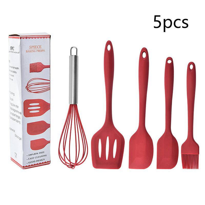 5Pcs Silicone Kitchen Cooking Utensils Set Non-Stick Flexible Kitchen Tools With Cake Spatula Whisk Oil Brush And Cooking Shovel