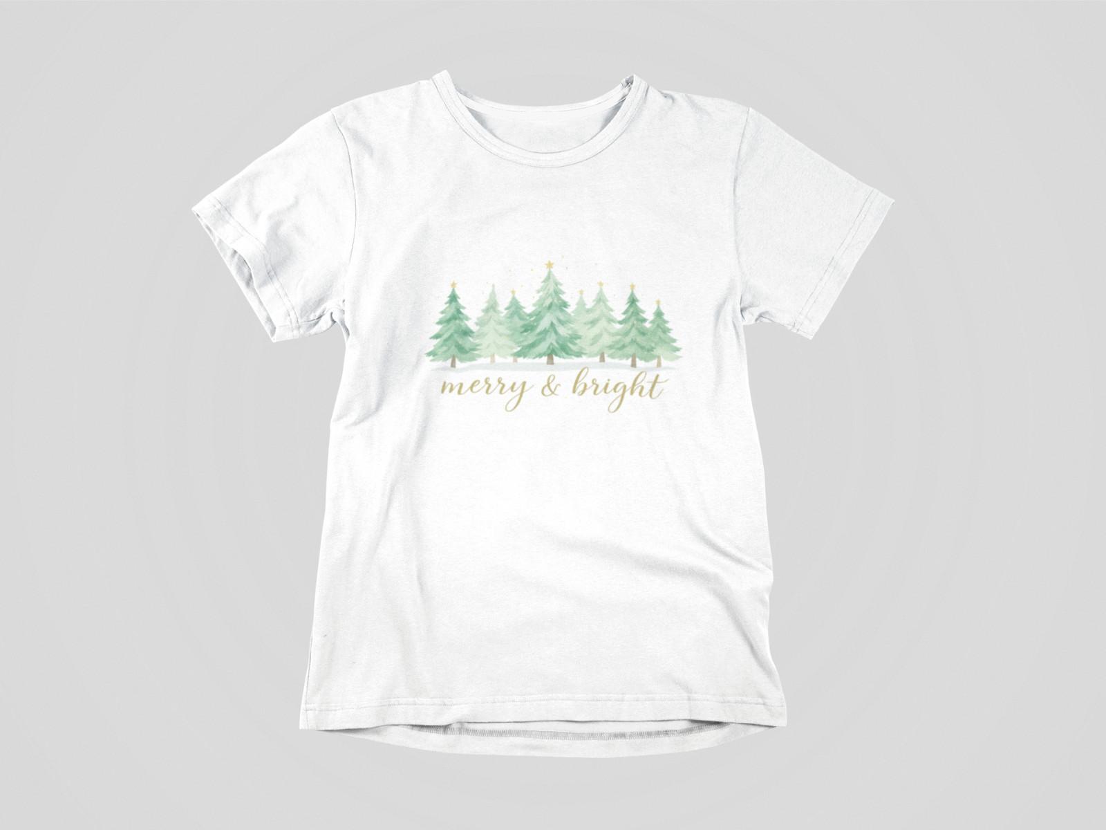 Merry & Bright Tee | Watercolor Pine Tree Christmas Shirt | Minimal Holiday XL