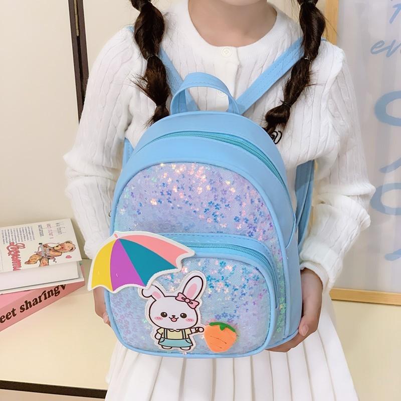 Girl Boy Cartoon Kids Backpack With Shiny Sequin Rabbit Decor For Educational Use