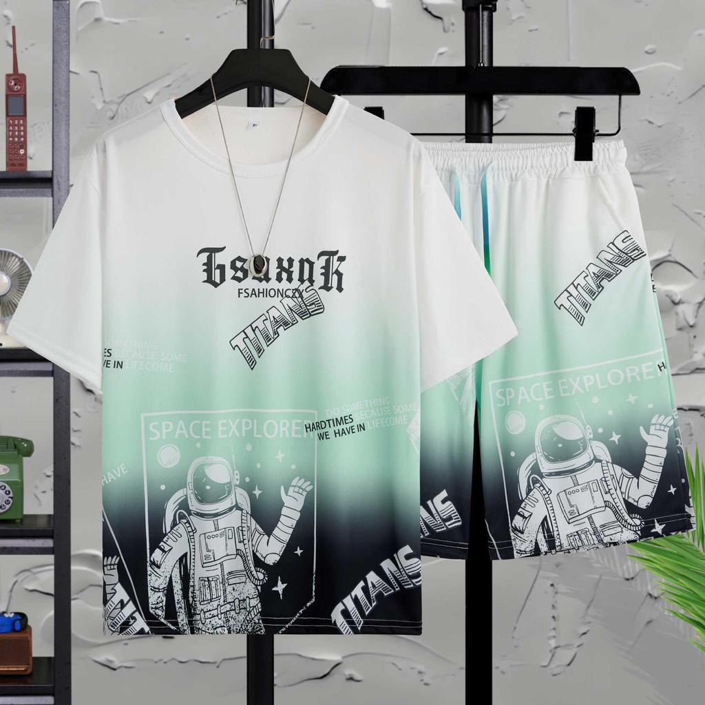 Men's Gradient Ice Silk Two-Piece Set: Short Sleeve & Shorts Summer Sportswear.