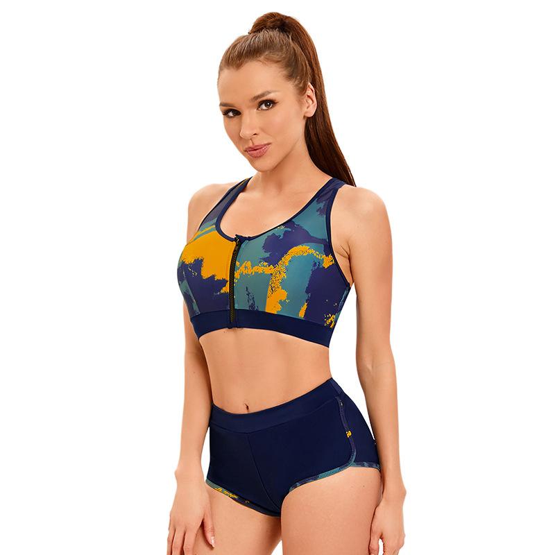 Sportovní plavky na zip s potiskem Dámské sexy plavky s vysokým pasem bez zad