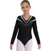 Girls Long Sleeve V Neckline Dance Leotards Shiny Rhinestone Decorated Contrast Color Slim Fit Unitard