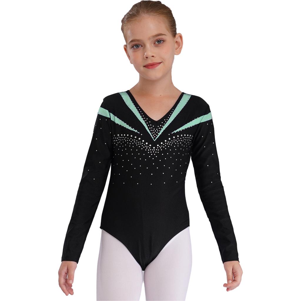 Girls Long Sleeve V Neckline Dance Leotards Shiny Rhinestone Decorated Contrast Color Slim Fit Unitard