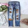 Women's Mid Rise Straight Leg Distressed Halloween Pumpkin Ghost Patch Print Long Denim Pants Summer Street Jeans