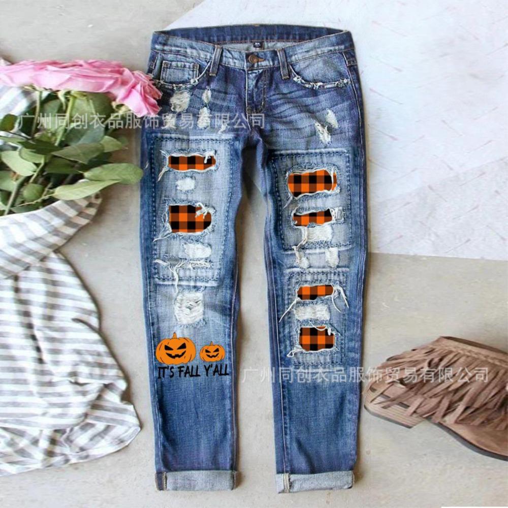 Women's Mid Rise Straight Leg Distressed Halloween Pumpkin Ghost Patch Print Long Denim Pants Summer Street Jeans