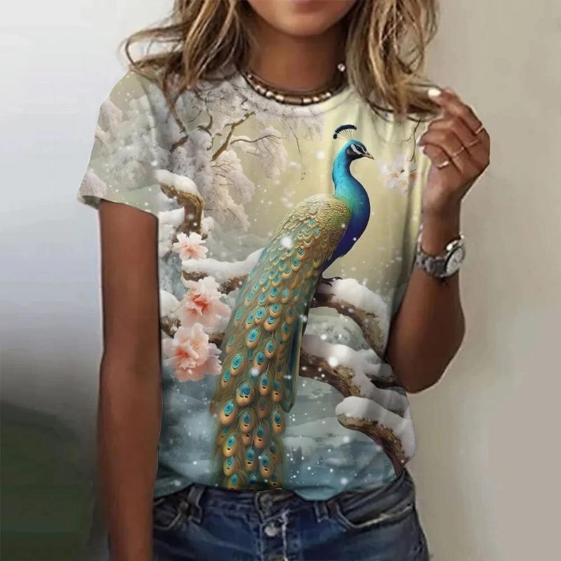 Peacock T-Shirts Animal Women Fashion O-Neck Short Sleeve T Shirt Y2k Harajuku Oversized Tees Tops Female Clothing