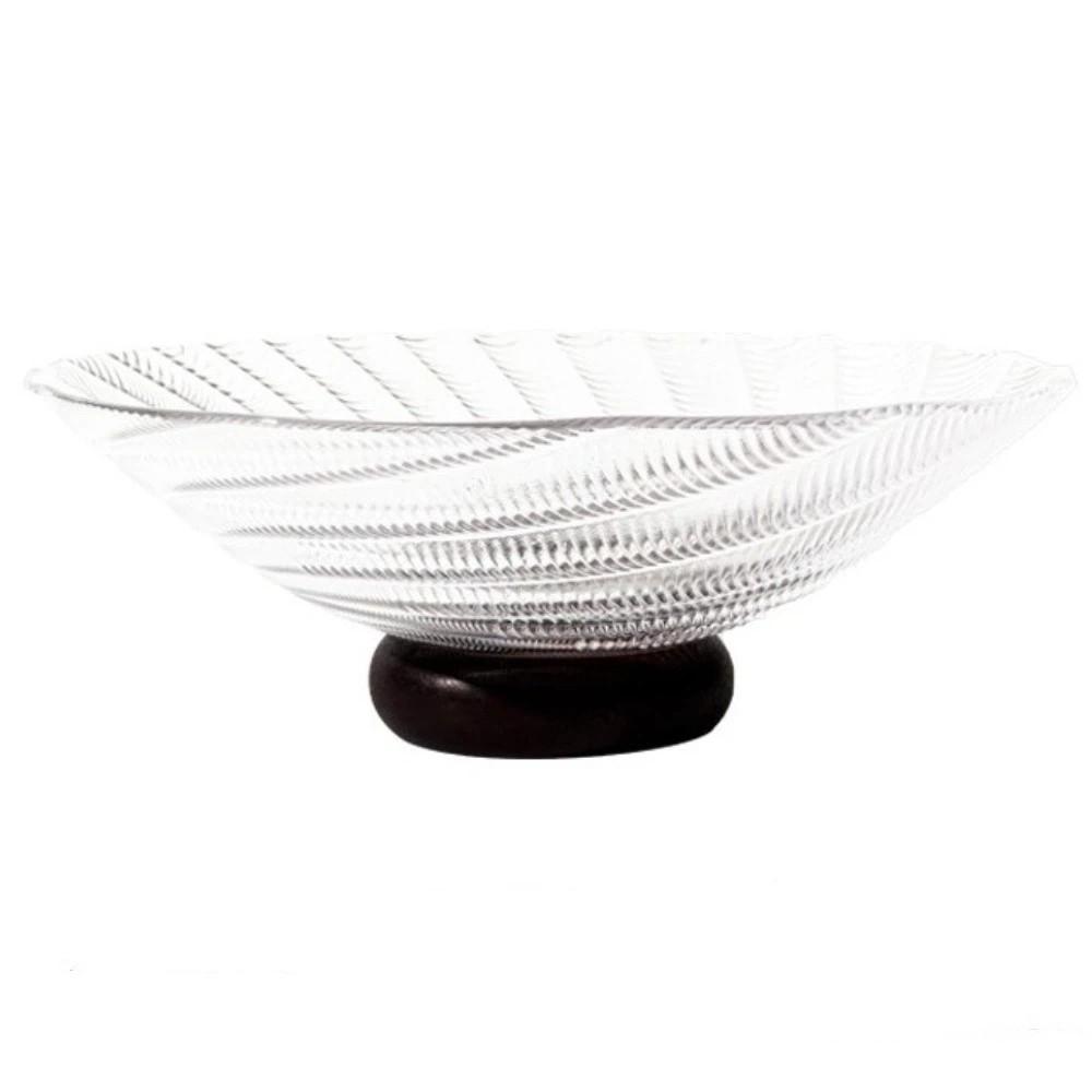 French Style Transparent Glass Fruit Plate Wooden Base Large Fruit Serving Tray Minimalist Dry Fruit Placed Tray Salad Serving