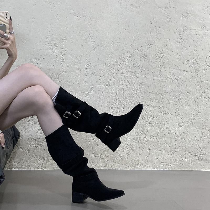 Winter Designer Pointed Toe Women Knee High Boots Fashion Belt Buckle Slip On Shoes Concise Thick Heel Knight Long Booties