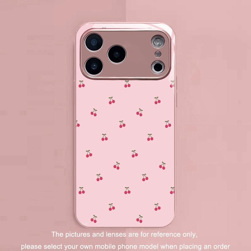 Cute Cherry Pattern Pink Metallic Tempered Glass Phone Case For iPhone 11 12 13 14 15 16 17 Pro Max 15 14 Plus 17 Air 16E Cover