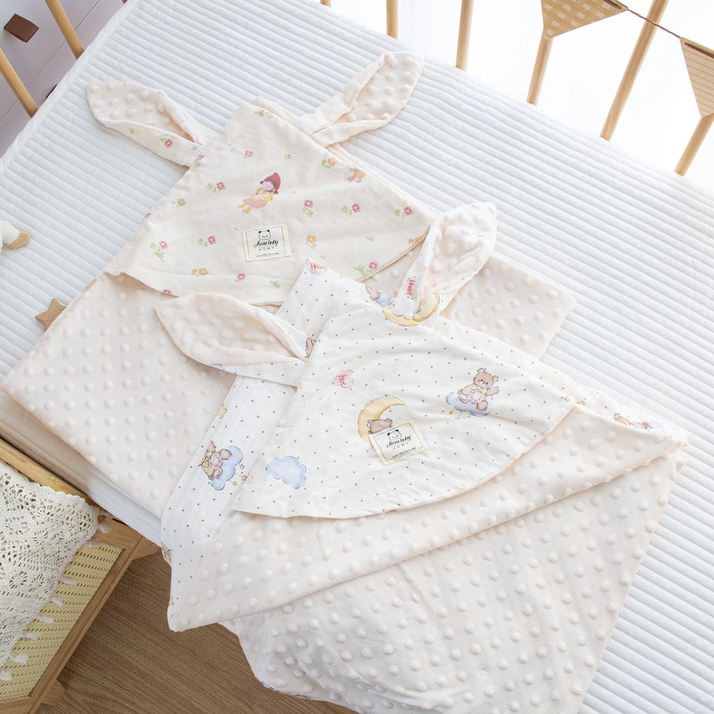 Dvouvrstvá gázová fazolová čepička s potiskem pro novorozence, dlouhé uši, zavinovačka do porodnice, držení jednotlivě, silné novorozenecké dítě