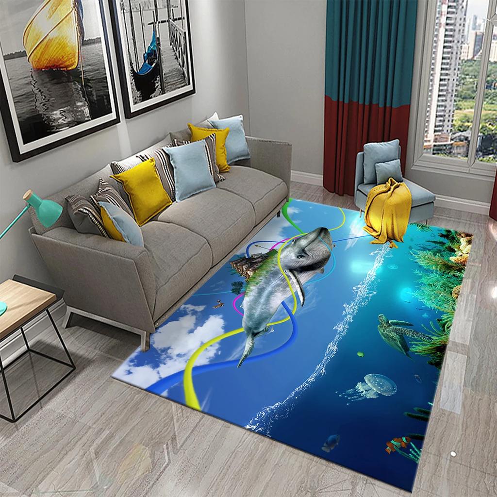 3D Fantasy Dolphin Carpet for Living Room Bedroom Kids Rug Dolphin Series Carpet Hallway Floor Mat Bathroom Kitchen Non-slip Rug