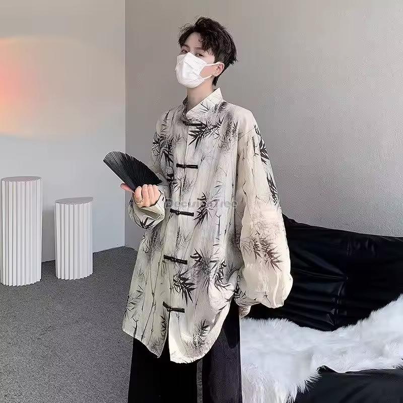 Bambusdruck Literaturkunst-Oberteil im chinesischen Stil Täglich verbessertes dünnes Tang-Anzug-Oberteil Herren Modisches Retro-Shirt