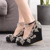 Women Pumps Sexy Fashion Extremely Rhinestone Pointed Toe Buckle Strap PU 10CM Wedges high heels String Bead Girls Women Shoes