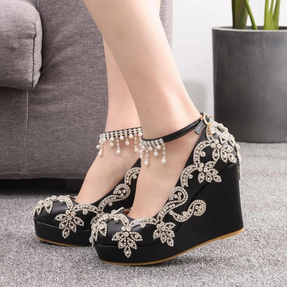 Women Pumps Sexy Fashion Extremely Rhinestone Pointed Toe Buckle Strap PU 10CM Wedges high heels String Bead Girls Women Shoes