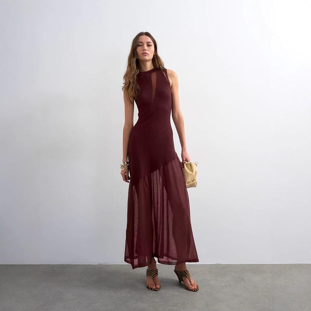 European and American Style Sleeveless Knitted Perspective Mesh Splicing Dress Women's Semi-turtleneck Hollow Design Temperament Versatile Long Dress
