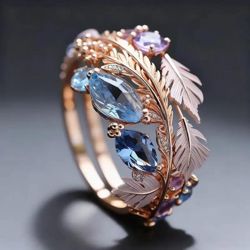 Vintage Inlaid Sea Blue Pink CZ Women's Ring Creativity CopperColor Hand Carving Leaf Daily Wear Party Jewelry Anniversary Gift